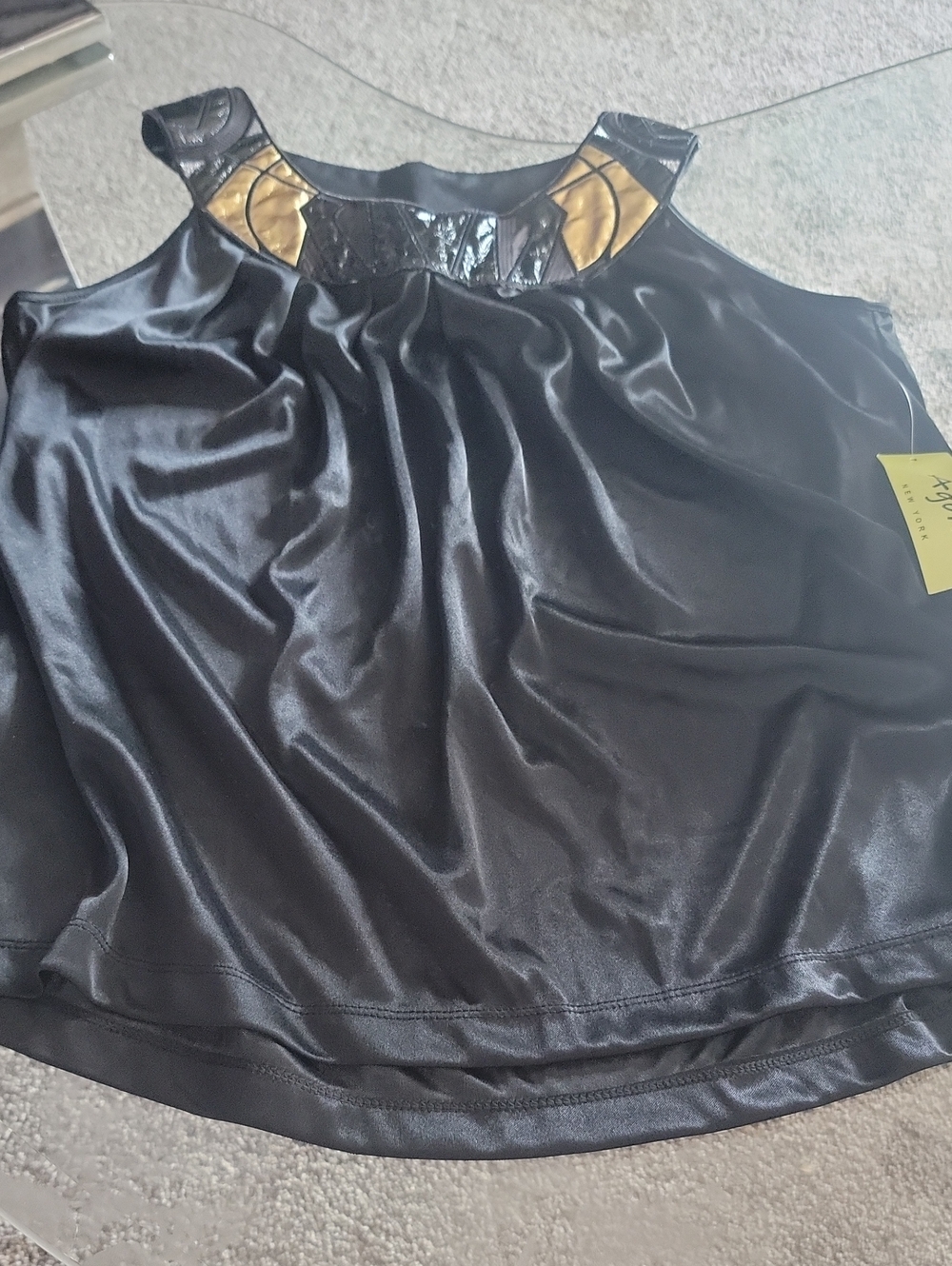 Agora Black Satin Sleeveless Top with Gold Collar Detail